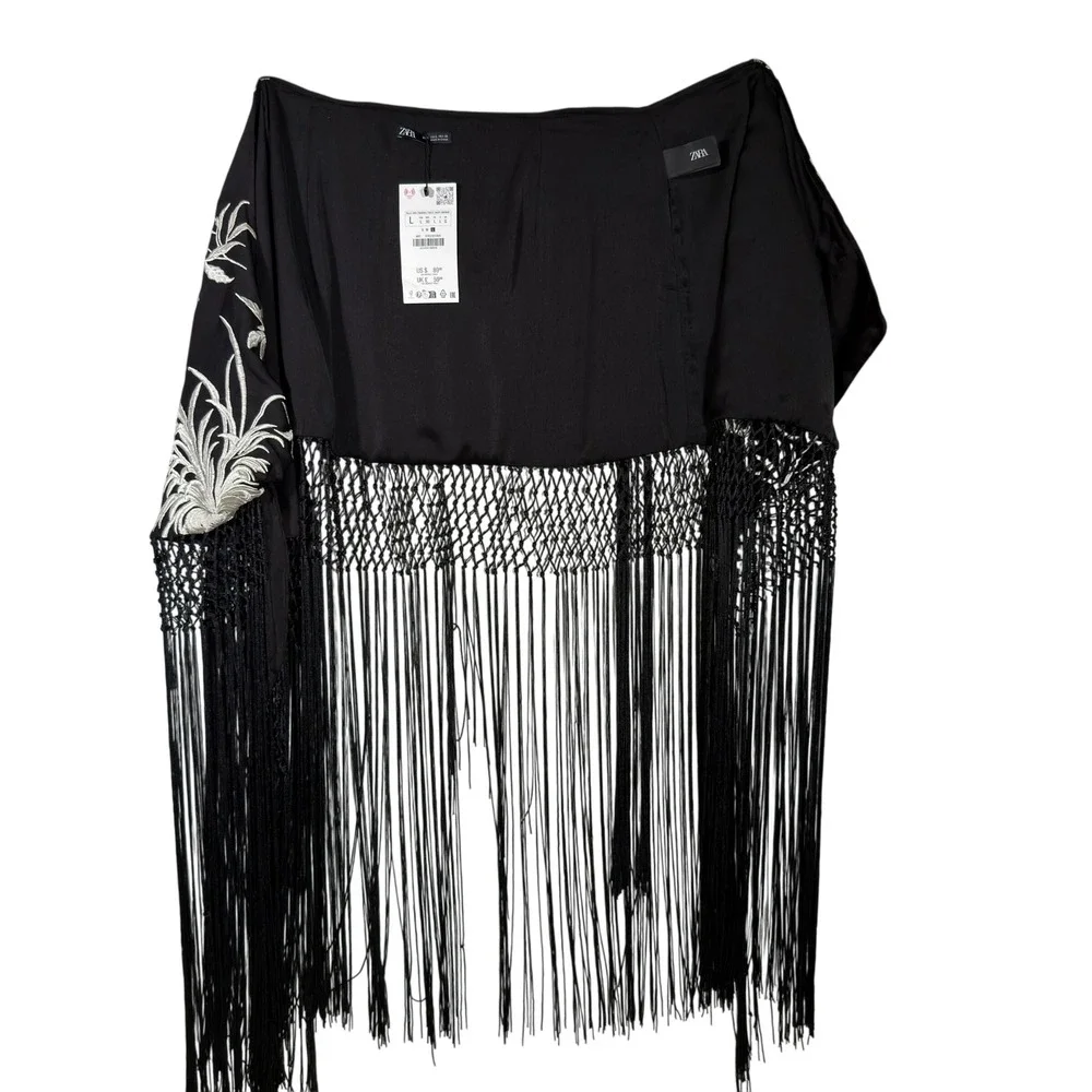Zara Black Embroidered Fringe Wrap Skirt Sarong Cover Up Women's L NWT - Picture 3 of 7